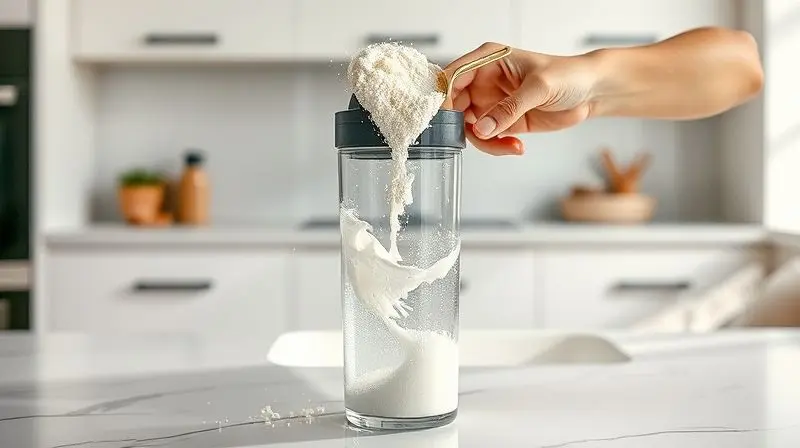 Pó de whey protein e creatina sendo misturados juntos dentro de uma coqueteleira com água, demonstrando a praticidade.