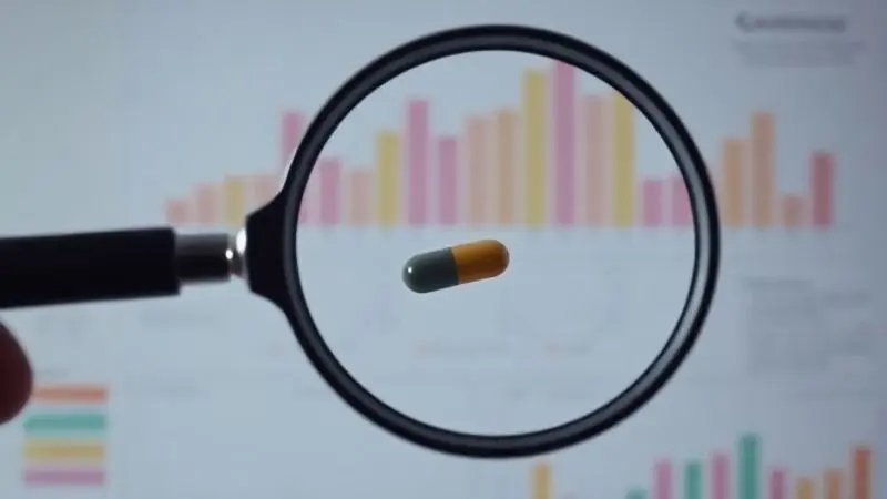 Lupa de aumento sobre uma cápsula de creatina, simbolizando a análise científica dos mitos e da segurança do suplemento quando consumido corretamente.