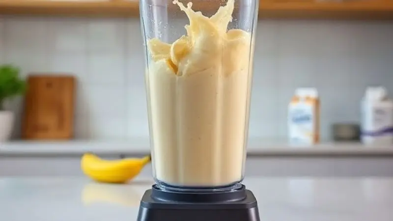 Liquidificador em ação preparando um shake de banana com creatina, mostrando o passo a passo do modo de preparo.