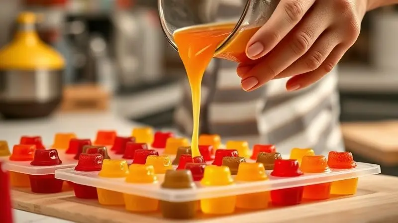 Processo de moldagem das gomas de creatina, com a mistura líquida sendo despejada cuidadosamente em moldes de silicone.