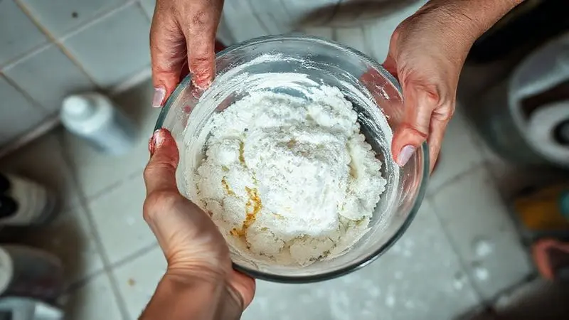 Imagem de alerta mostrando uma pessoa misturando creatina para fazer um creme caseiro de forma inadequada, destacando os riscos.