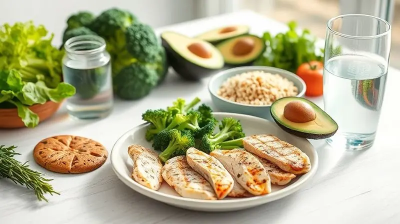 Prato com alimentos saudáveis e integrais como frango, brócolis e abacate, representando uma dieta nutritiva após a cirurgia da vesícula.
