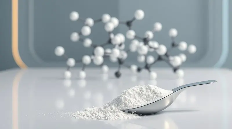 Ilustração da estrutura molecular da creatina com uma colher do pó branco em destaque, explicando o que é e a função do suplemento.