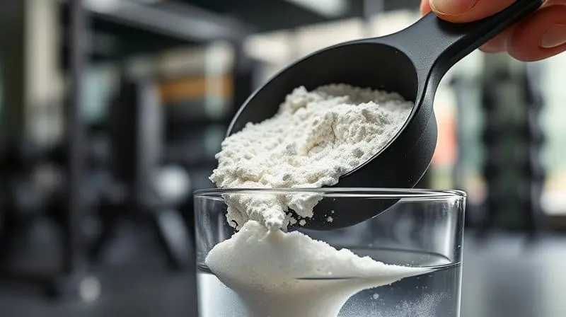 Um dosador despejando o pó da Creatine Turbo em um copo de água, simbolizando o que é o suplemento e como ele funciona.