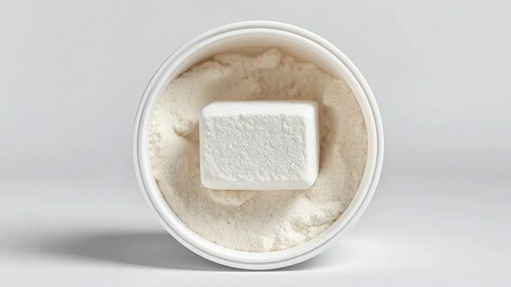 Pote branco de creatina completamente empedrada, com o pó transformado em um único bloco duro. Imagem de estúdio sobre fundo neutro.