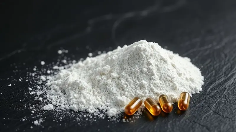 Detalhe de uma colher de creatina em pó ao lado de cápsulas de BCAA, ilustrando o que são estes suplementos e a sua aparência.
