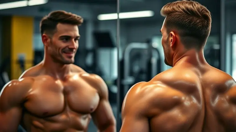 Atleta com boa definição muscular se olhando no espelho da academia, representando os resultados positivos dos consumidores da creatina Optimum.