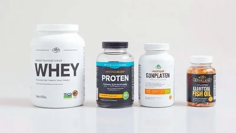 Diversos potes de suplementos sem marca, como whey protein e vitaminas, organizados para ilustrar a variedade de opções disponíveis.
