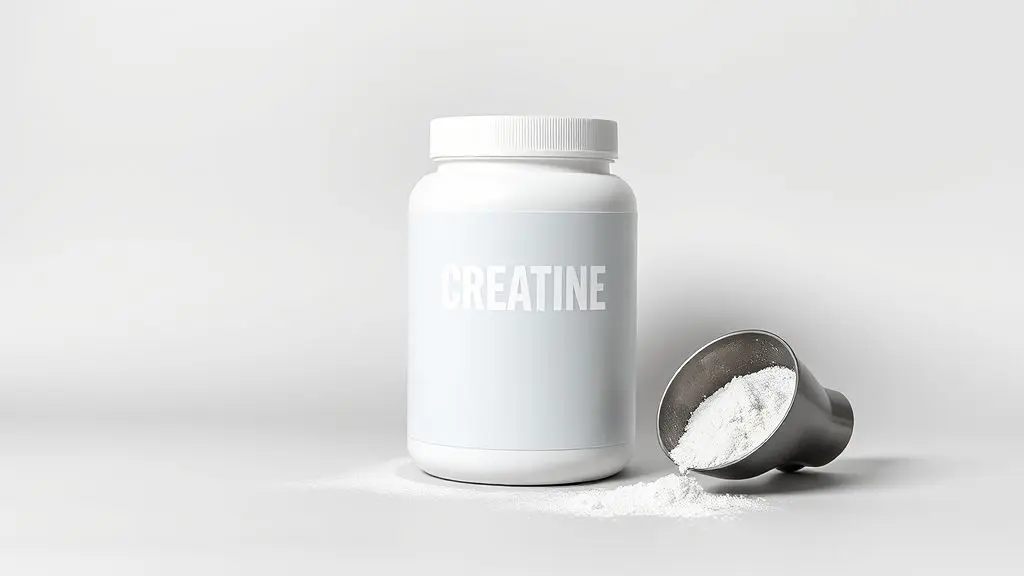 Pote de creatina sem marca e um medidor com o pó branco do suplemento em um fundo de estúdio, representando o guia sobre para que serve a creatina.