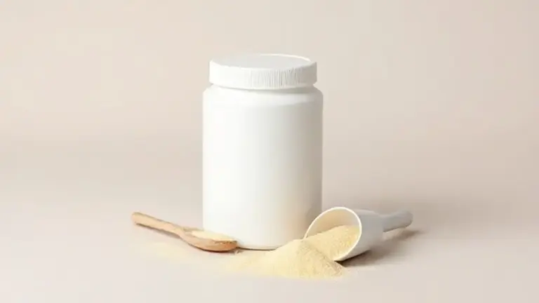 Um pote branco minimalista de colostro bovino em pó, com um dosador ao lado, em um fundo de estúdio, destacando os benefícios do suplemento para a saúde.