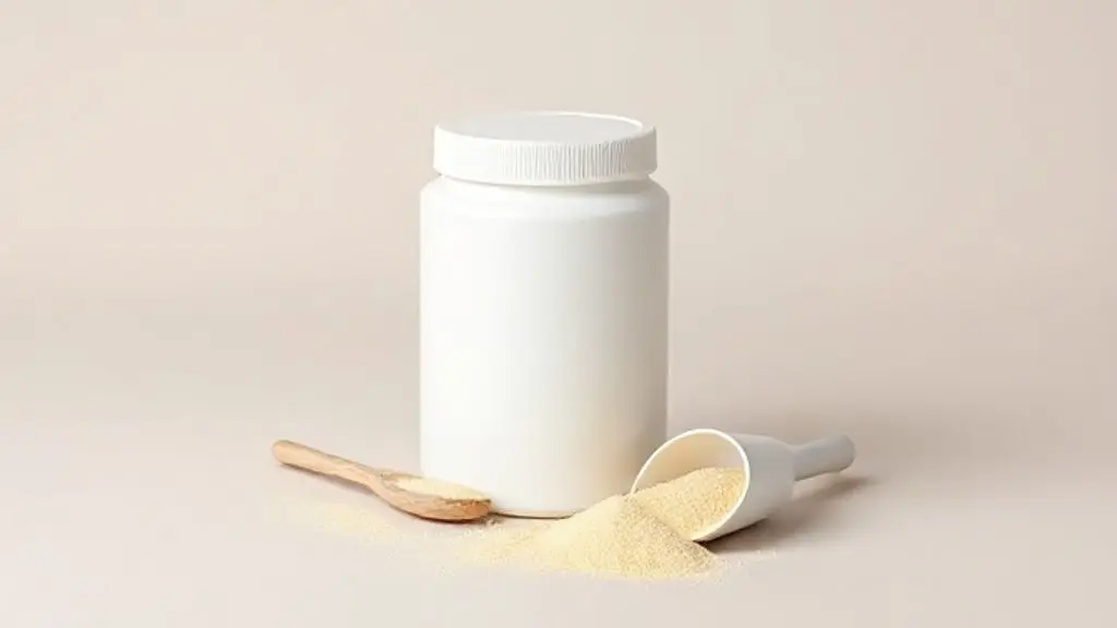 Um pote branco minimalista de colostro bovino em pó, com um dosador ao lado, em um fundo de estúdio, destacando os benefícios do suplemento para a saúde.