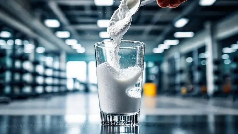 Um copo de água recebendo uma dose de creatina em pó, ilustrando o conceito e a finalidade da fase de saturação do suplemento.
