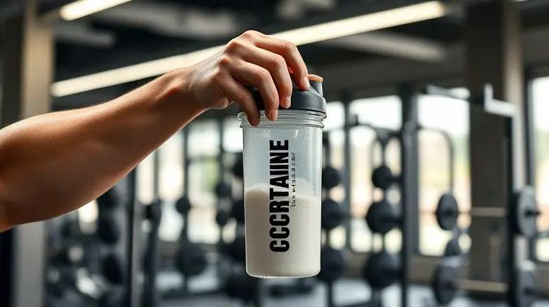 Atleta focado preparando seu suplemento de creatina em uma coqueteleira na academia, representando o público para quem o produto é indicado.