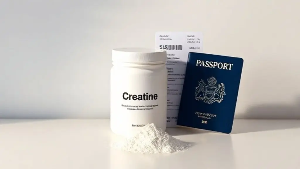 Um pote de creatina sem marca ao lado de um passaporte e uma passagem de avião, ilustrando as regras para levar suplementos em viagens aéreas.