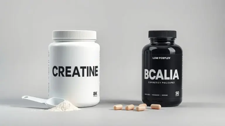 Dois potes de suplementos sem marca, um de creatina e outro de BCAA, lado a lado em fundo de estúdio, representando a questão se pode tomar creatina e BCAA juntos.