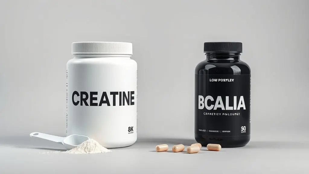 Dois potes de suplementos sem marca, um de creatina e outro de BCAA, lado a lado em fundo de estúdio, representando a questão se pode tomar creatina e BCAA juntos.