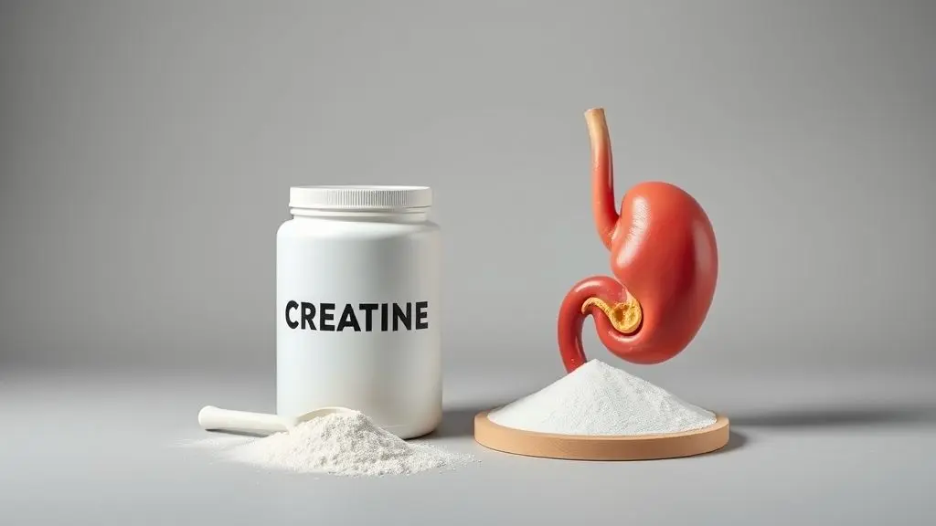 Um pote de creatina sem marca ao lado de um modelo anatômico da vesícula biliar, ilustrando a relação entre o suplemento e a saúde após a cirurgia.