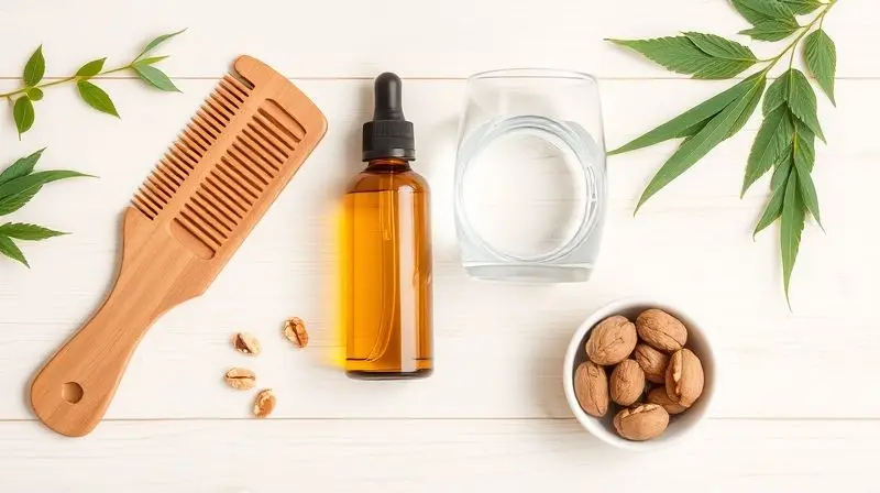 Itens que representam um estilo de vida saudável e cuidados para prevenir a queda de cabelo ao suplementar com creatina.