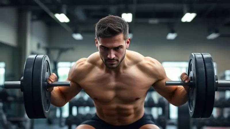 Atleta focado levantando pesos em uma academia moderna, simbolizando os benefícios da creatina +Mu para o ganho de força e desempenho muscular.