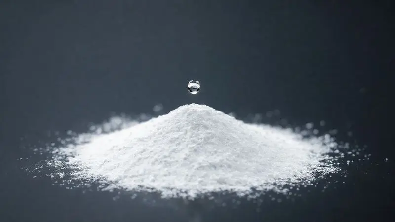 Imagem macro de creatina em pó branca e pura em uma superfície de laboratório, simbolizando a alta qualidade e o teste de pureza do suplemento.