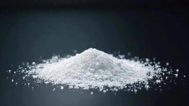 Imagem macro de um pó de creatina branco e cristalino em uma superfície de laboratório, simbolizando a pureza e qualidade do suplemento.