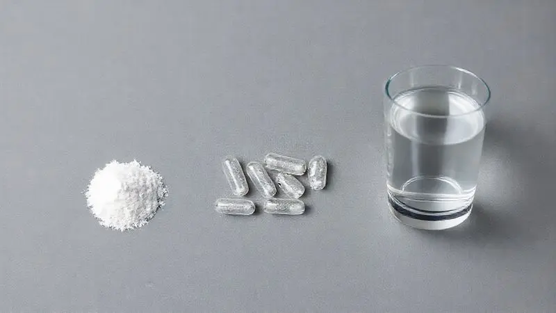 Diferentes tipos de creatina lado a lado: em pó, em cápsulas e diluída, ilustrando as variedades do suplemento.