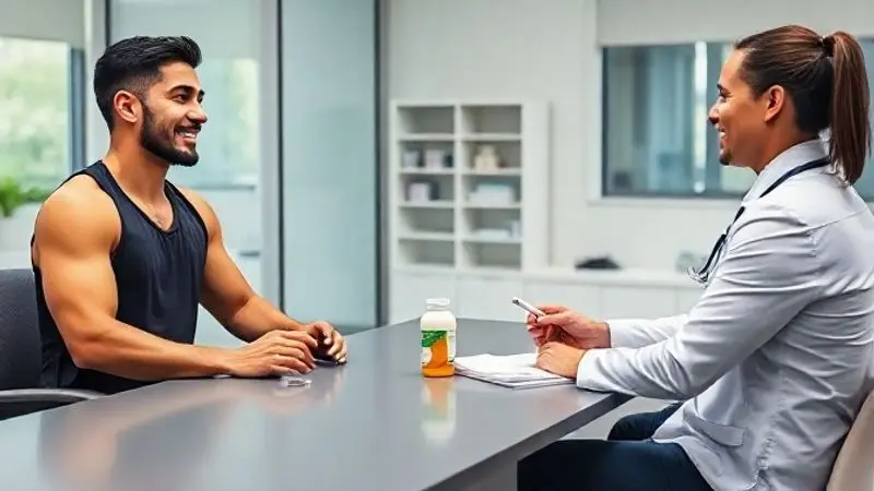 Um atleta masculino e uma atleta feminina conversando com um profissional de saúde em um consultório, discutindo a suplementação com creatina.