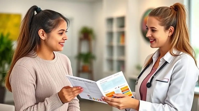 Médica especialista ou nutricionista conversando com pais e um jovem sobre a recomendação profissional para o uso de creatina na adolescência.