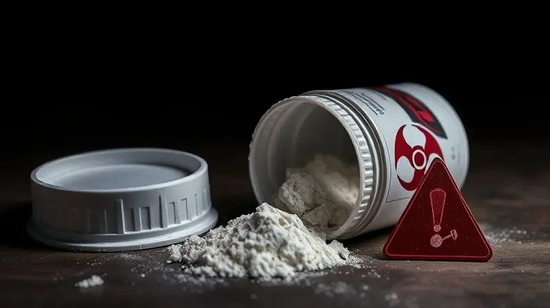Pote de creatina adulterada ao lado de um símbolo de alerta, representando os perigos e riscos à saúde de consumir um suplemento de baixa qualidade.