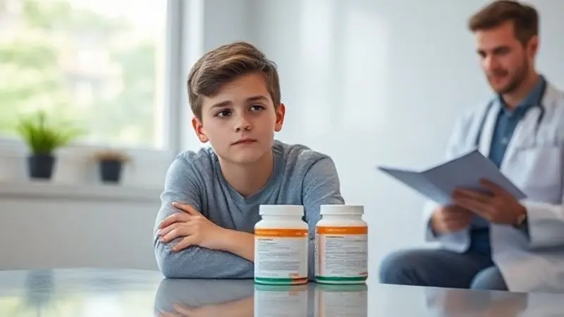 Adolescente em consulta médica, olhando para um pote de suplemento, discutindo os riscos e efeitos colaterais do uso de creatina em menores de idade.