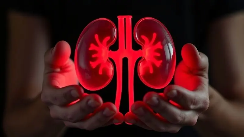 Modelo anatômico de rins com um brilho vermelho de alerta, simbolizando os riscos e o que significa ter um nível de creatinina alta.