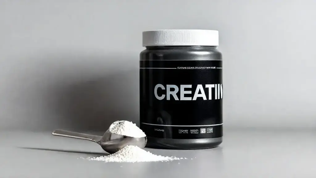 Pote de creatina sem marca ao lado de um medidor com o pó branco do suplemento, representando a saturação de creatina para ganho de força e massa muscular.