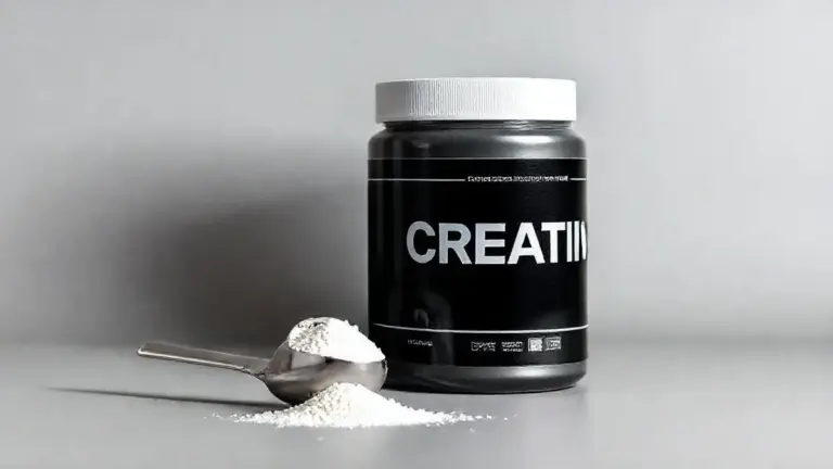 Pote de creatina sem marca ao lado de um medidor com o pó branco do suplemento, representando a saturação de creatina para ganho de força e massa muscular.