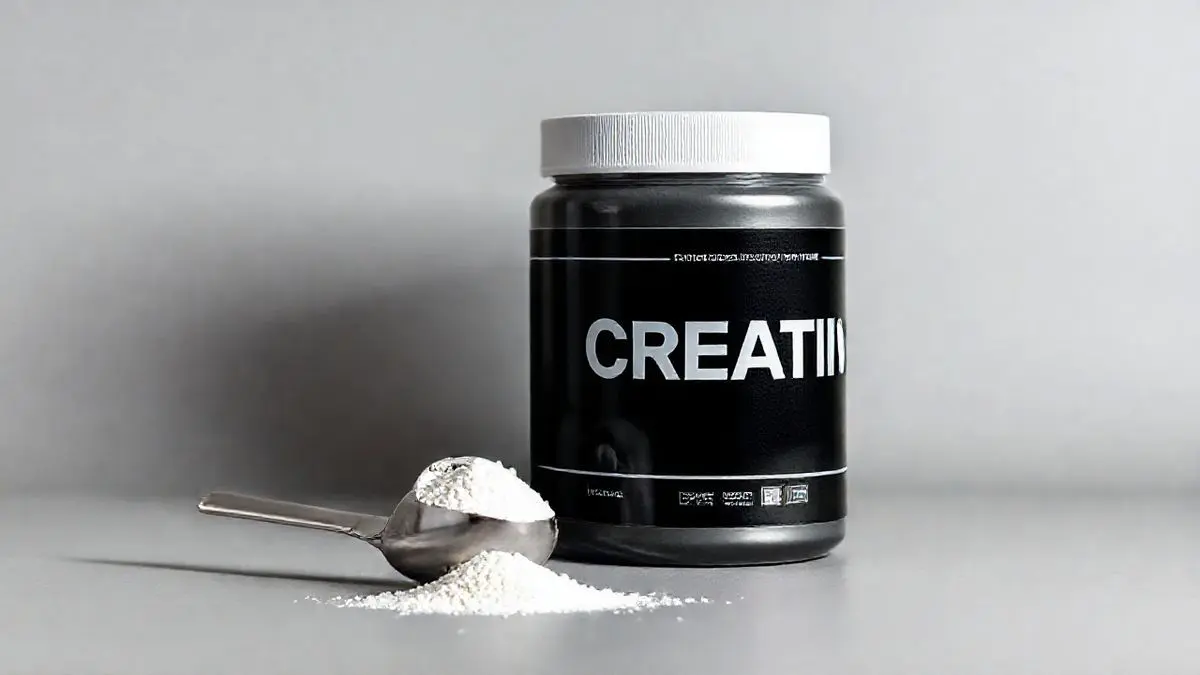 Pote de creatina sem marca ao lado de um medidor com o pó branco do suplemento, representando a saturação de creatina para ganho de força e massa muscular.