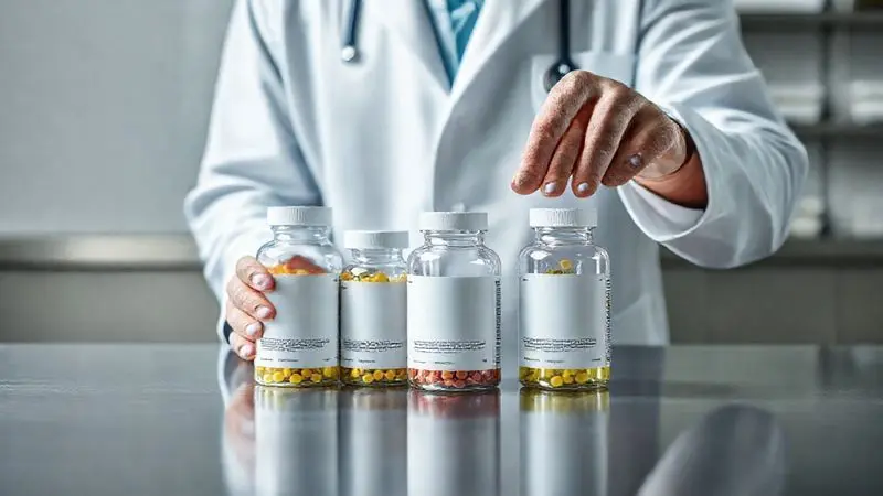 Especialista em jaleco de laboratório analisando potes de suplementos, transmitindo a ideia de segurança e pesquisa na combinação dos produtos.