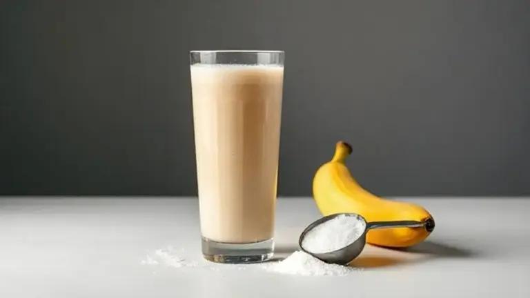 Um copo de shake de banana com creatina em um ambiente de estúdio, com uma banana e uma colher de creatina ao lado, representando um pré-treino poderoso.