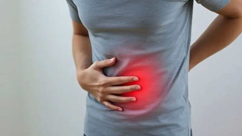 Imagem conceitual de uma pessoa sentindo desconforto abdominal, representando os sintomas da intolerância à lactose.