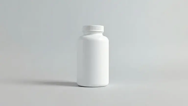 Frasco de suplemento sem marca em fundo de estúdio, ilustrando a relação entre o uso de suplementos e a crise de hemorroidas.