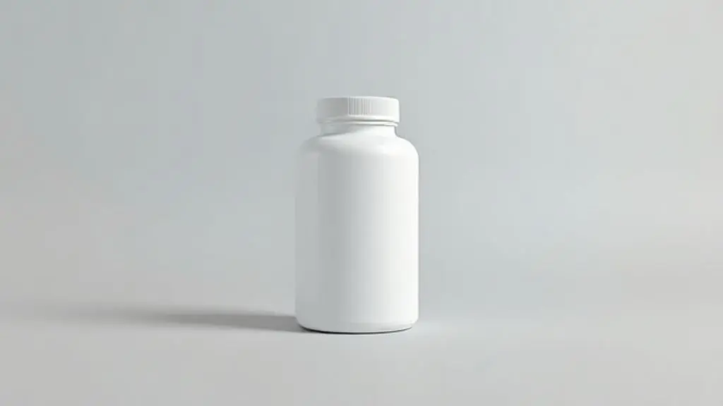 Frasco de suplemento sem marca em fundo de estúdio, ilustrando a relação entre o uso de suplementos e a crise de hemorroidas.