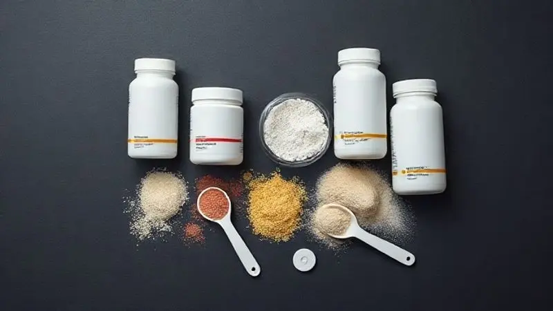 Visão de cima de vários suplementos em pó e potes sem marca, como beta-alanina e citrulina, que podem substituir a creatina.
