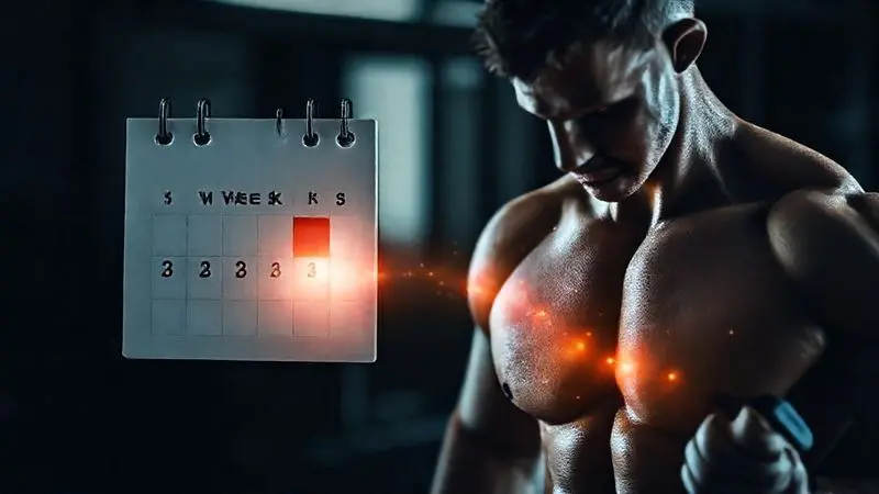 Imagem conceitual de um calendário com semanas marcadas, ilustrando o tempo necessário para a creatina começar a fazer efeito no corpo de um atleta.