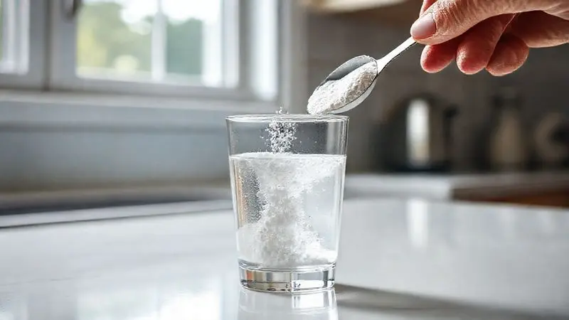 Teste de pureza da creatina sendo realizado em um copo com água, mostrando o pó se dissolvendo para verificar sua qualidade em casa.