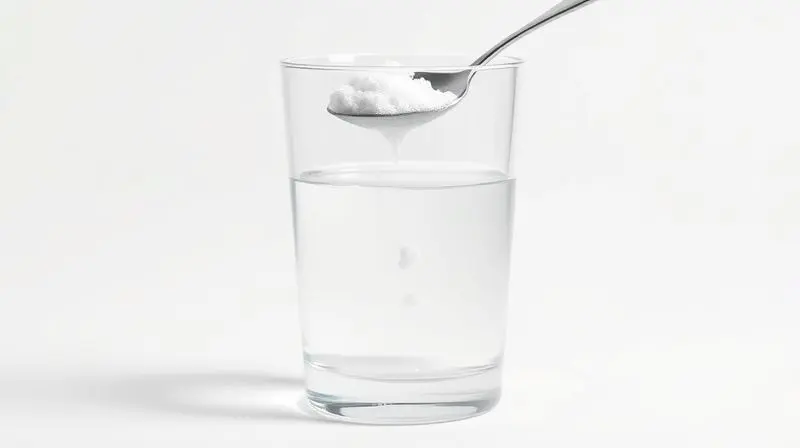 Copo de vidro transparente com água onde a creatina em pó se deposita no fundo sem turvar a água, demonstrando o teste de diluição para pureza.