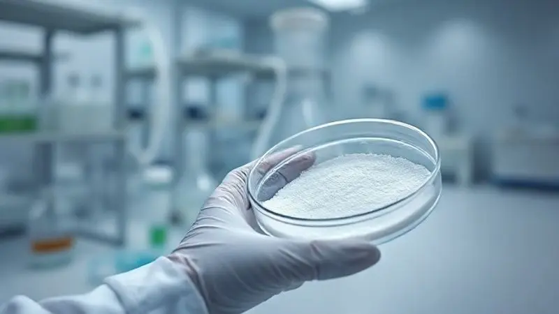 Análise de laboratório da pureza da creatina, com um cientista examinando uma amostra do pó branco em um ambiente estéril.
