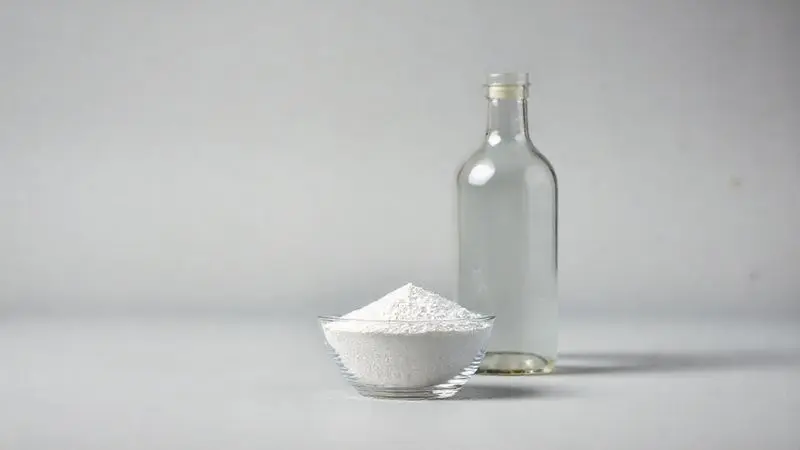 Pote de creatina ao lado de uma garrafa de vinagre, representando o teste de reação química para verificar a autenticidade do suplemento.