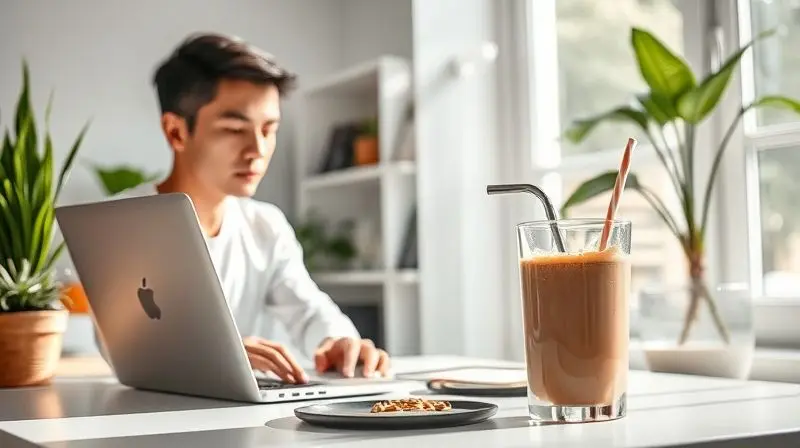 Pessoa trabalhando em um escritório com um copo de shake ao lado, ilustrando o consumo de whey zero lactose por quem não treina.