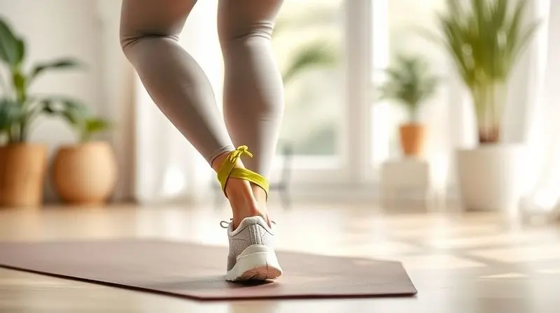 Mulher realizando um exercício de baixo impacto com faixa de resistência, um tipo de treino adequado para quem tem lipedema, focado nas pernas.