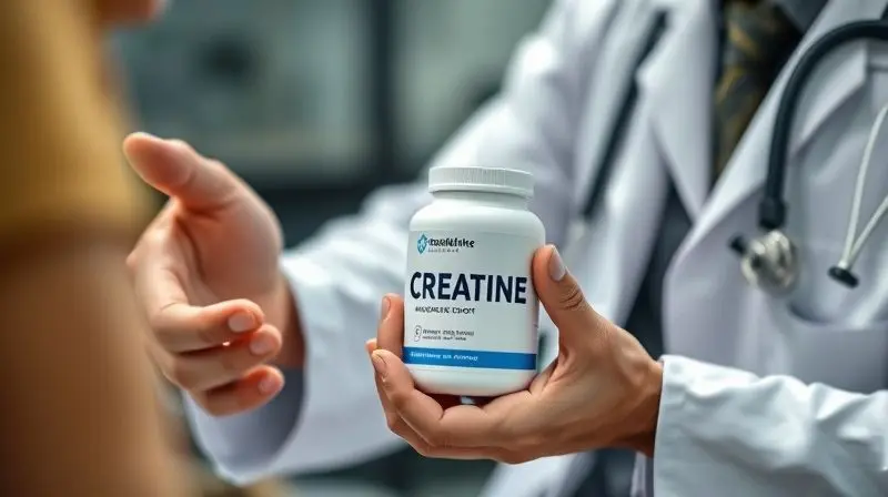 Um médico especialista mostrando um pote de creatina a um paciente, enfatizando a importância do uso seguro e orientado do suplemento para o coração.
