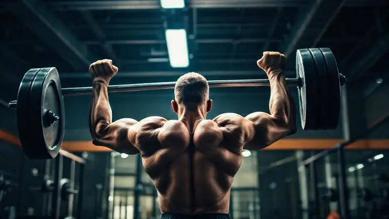 Atleta demonstrando força e os benefícios da creatina durante um treino intenso de levantamento de peso em uma academia moderna.