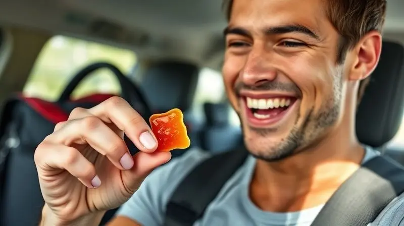 Pessoa consumindo uma goma de creatina caseira de forma prática, demonstrando a facilidade de transporte e consumo do suplemento.